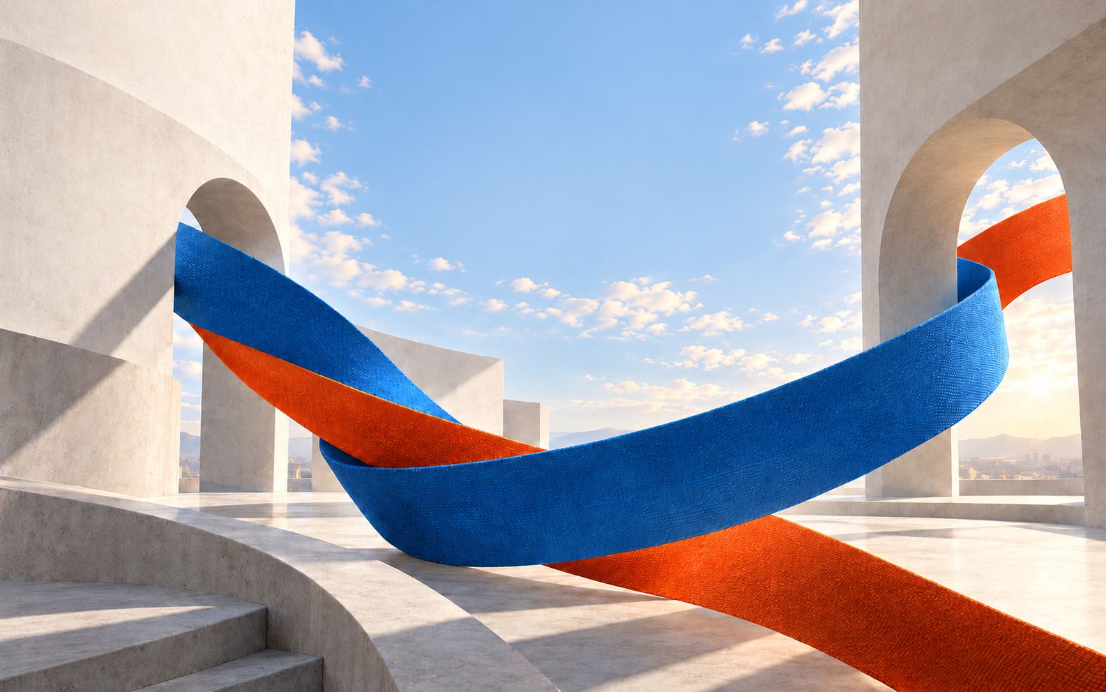 Blue and orange woven fabric crossing through a sunlit stone courtyard of arches.